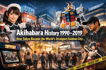 A deep Akihabara history guide (1990–2019): Tokyo’s electronics town became Japan’s global otaku hub—anime, games, PCs, maid cafés, idols, and key incidents.