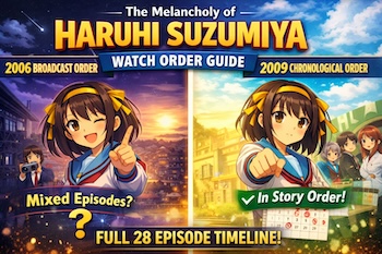 Confused by Haruhi’s episode order? This guide explains the 2006 broadcast shuffle vs the 2009 chronological order, lists the full 28-episode timeline, and maps each episode to its light novel source—then shows what to watch next.