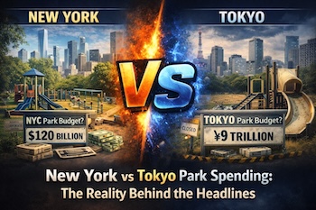 NYC vs Tokyo park spending isn’t pride—it’s governance. A structural look at budgets, liability culture, funding models, and maintenance economics.